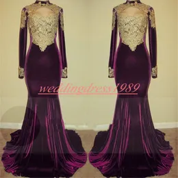 Elegancki Grape Velvet Mermaid Prom Dresses Z Długim Rękawem Gold Aplikacja 2019 Wieczór Wear Party Suknie Robe de Soiree Pageant Formalne Tanie