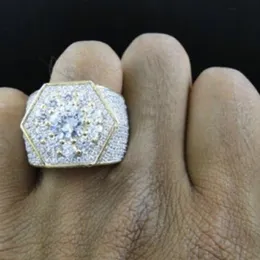 Wholesale- Men's Iced Out Cubic Zircon Bling Ring Gold Color Hexagon Full CZ Jewelry Micro Paved Iced Out Cubic Zircon Rings Gifts