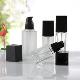 20ml 30ml 40ml Clear Frosted Square Glass Bottle with Black Pump for Lotion Essential Oli Facial Water Liquid F1976