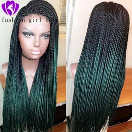 Long Ombre Green Wigs Trançado Caixa Trança Perucas Para Mulheres Sintéticas Rendas Rendas Peruca Resistente ao Calço Fibra Peruca