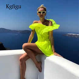 KGFIGU Kobiety Slash Neck Mini Dress 2019 Lato Wzburzyć Rękaw Neon Zielony Bawełna Vintage Wakacje Plaża Krótkie Koszulki Female Vestidos