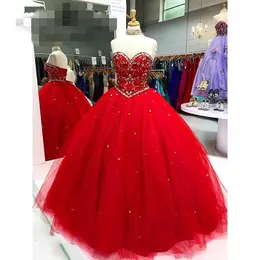 Bez ramiączek Lace-Up Red Sweet 15 Sukienki 2019 Suknie Balowe Prom Quinceanera Sukienka Frezowanie Crystal Cekiny Tulle Vestido de Novia dla słodkich 16