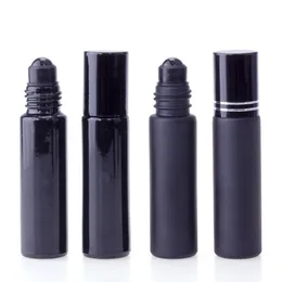 Frasco de perfume de óleo essencial 10ml vidro preto roll on frasco de perfume com rolo de cristal de obsidiana garrafas roll-on de parede grossa