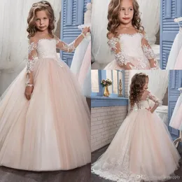 Kids Flower Girls Dresses for Wedding 2017 Pentelei with Illusion Long Sleeves Tulle Blush Pink Ivory Little Girls Gowns Pageant Dress