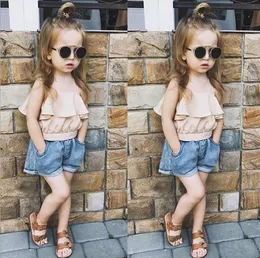 Girls Clothes Set Summer Ruffle Vest Jeans Shorts 2Pcs Suit For Girl Fashion Child Fashion Sets Kids