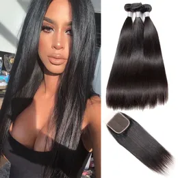 Hetero Virgin extensões de cabelo barato 3 Pacotes Virgem Cabelo Humano Com Lace Encerramento 10A brasileira Virgin Duplo Cabelo Drawn brasileira