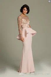 Promoção 2019 rosa lace manga longa vestidos de noite sheer ouro applique vestido de baile peplum comprimento total chiffon vestido formal 133