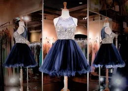Cheap Free Shipping Glamous New Navy Blue Illusion Neckline Beaded Bodice Short Organza Homecoming Prom Dresses HY1631
