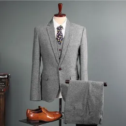 Mäns Bröllop Tuxedos Vintage Tweed 3 Pieces Passar 2019 Fleck Knapp Ullgrå Skräddarsydd Fit Groom Wear (Jacka + Byxor + Vest)