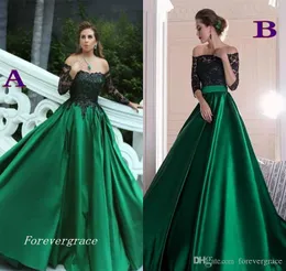 2019 Hunter Green Arabic Dubai Suknia Wieczorowa Tanie Ramiona Off Ramiona Satynowa Koronki Długie Formalne Noszenie Party Suknia Custom Made Plus Size