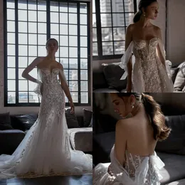 Abiti da sposa da spiaggia Julie Vino con strascico staccabile con spalle scoperte Appliques in pizzo Vestidos De Novia Abito da sposa country su misura