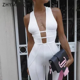 Zhymihret Sexy Halter White Jumpsuit Women 2018 Autumn Winter Deep V Neck Skinny Rompers Hollow Out High Waist Streetwear Femme Y19060501