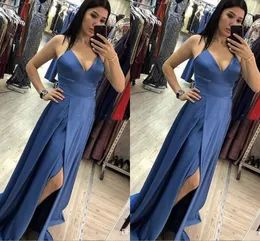 Blau billige königliche a linie prom kleider spaghetti gurte hohe Seite geteilte formelle formal kleid lange Abendkleider Robe de Soiree