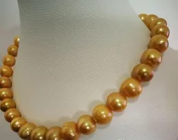 Snabb Fri frakt Fine Pearl Smycken 12-14 MM Runt naturligt sydhavsguld pärlhalsband 18" 925 silver