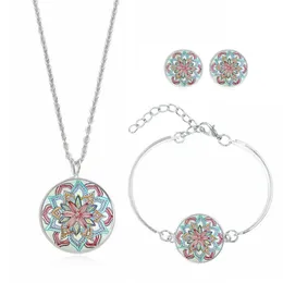 Halskette Ohrringe Armbandschmuck Geschenke Mandala Blumendruck Designzeit Edelstein Silberschild Halskette Armreif Ohrringe Set für Frauen Mädchen