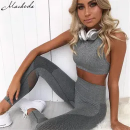 Macheda Women Tracksuit 캐주얼 섹시 슬림 피트니스 캐미솔 작물 탑 및 높은 허리 스포츠 메쉬 바지 운동복 체육관 세트 Y19062601