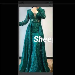 Neck Modest V Mermaid Evening Dresses with Overskirts Long Sleeve Lace Appliqued Beads Formal Prom Dress Robes De Soire