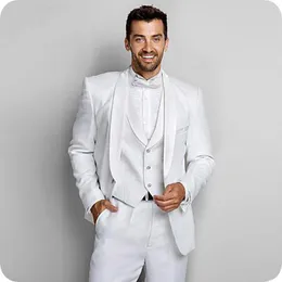 New Arrival One Button White Wedding Groom Tuxedos Szal Lapel Groomsmen Men Suits Prom Blazer (kurtka + spodnie + kamizelka + krawat) W73