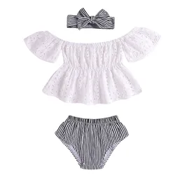 Baby Girls Paski Zestawy Odzieżowe Niemowlęta Rękaw Rękawy Koronki Top + Paski PP Spodnie + Pałąk 3 sztuk / zestaw butików Dzieci Przyczynowe stroje M1957