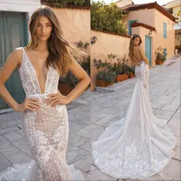 Lace Mermaid Wedding Dresses Deep V Neck Sexy Backless Train Sweep Train Beach Wedding Dress Plus Size Vestidos De Novia