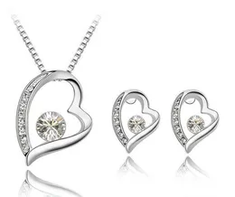 High Quality 18K White Gold Silver Plated Crystal Love Heart Necklace Earrings Jewelry Sets for Women Bridal Wedding Jewelry Set
