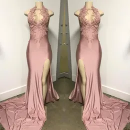 Vestidos de Galaセクシーホルターサイドスリットロングウエディングドレス魅力的なピンクのVネックアップリケ後退したプロムのガウン
