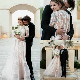 Szyby ślubne z wysokiej szyi Boho Długie rękawy Koronka Appliqued Zroszony Zroszony A-Line Sukienka Bridal Sweep Sweep Custom Made Vestidos de Novia