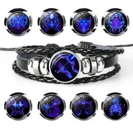 Twelve Constellations starry sky Bracelet Handmade leather couples bracelets Zodiac Glass Charm Bracelet for Christmas present