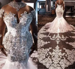 Luxury 2020 High Neck South African Mermaid Wedding Dresses Lace Crystals Beading Long Sleeves Bridal Gown High Neck Plus Size Ves232Z