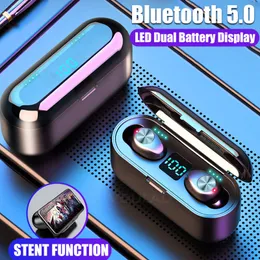 F9 TWS hörlurar Trådlös Bluetooth 5.0 HiFi Earpuds Stereo Bass-headset med MIC 2000MAH Uppladdningsbar PK I10 I12 I11 I100 TWS