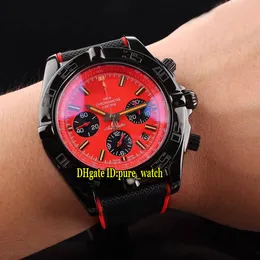 Nowy 44mm PVD Czarna stalowa skrzynka czerwona tarcza Kwarcowy Chronograf Stopwatch Mens Watch Nylon / Gumowy Pasek Wysokiej Jakości Gent Wristwatches