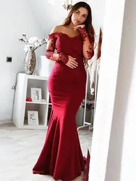 2020 Burgundy Formal Mermaid Evening Dresses Sweetheart Long Sweetheart Eleganta Lace Appliques Satin Off The Shoulder Prom Party Gown