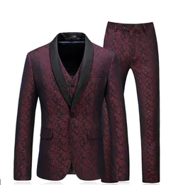 Vin Röd Jacquard Mens Passar Bröllop Groom Party Vested Passit 3 stycken Slim Tuxedos Custom Amade