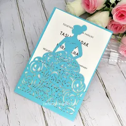 Sapphire Blue Laser Cut Princess Invitations for Wedding Elegant Shimmy Pocket Invitation for Quinceanera 16TH Birthday Free Printing