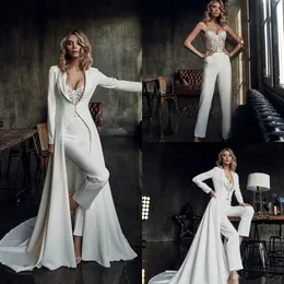 Abiti da sposa con tailleur pantalone in pizzo Illusion con giacca Sweetheart Boho Abiti da sposa Abiti da sposa