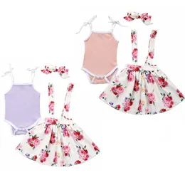 Baby Girls Slip Rompers Suspenders kjolar Huvudband Kläder Satser Kids Slide Top Floral Printed Dresses Bowknot Hairband Suits YP626