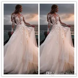 Sexy Bohemian A-Line Wedding Dresses Lace Long Sleeves V-Neck Beach Sheer Neck Tulle Front Split Wedding Dress Bridal Gown Robe de Mariee
