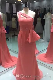 2019 Real Photos Coral Peplum Bridesmaid Dress Mermaid One Shoulder Beaded Formal Guest Maid of Honor Gown Plus Size Custom Made