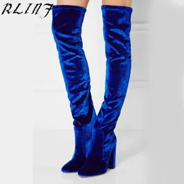 blue velvet thigh high boots