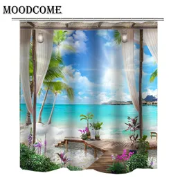 Ocean Phare Paysage de rideau de douche Set salle de bain Tapis tissu imperméable 180 cm