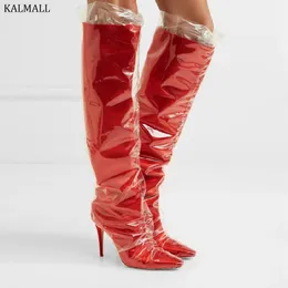 red pvc thigh high boots
