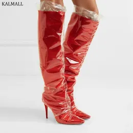 red pvc thigh high boots