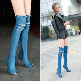 black denim thigh high boots