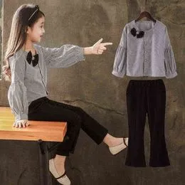 Ropa para niñas 2019 Ropa para niñas 12 años Ropa para niños Niñas de 8 a  12 años Ropa para adolescentes Camisa sólida + Pantalones a rayas 2 piezas