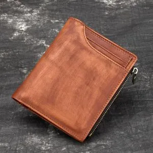 Men Genuine Tanned Cow Leather Bifold Wallet Short Clutch Money