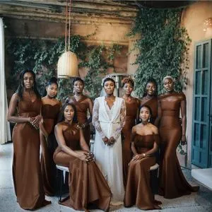 brown bridesmaid dress Elegant Mermaid brown satin bridesmaid dresses for Beach, Boho, Country Weddings, and Formal Events
