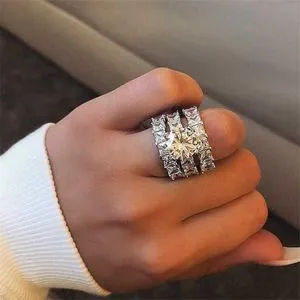 SLIACETE Stacking Ring - 925 Sterling Silver With White Topaz & Cubic Zirconia, Geometric Design, Size 7, Gift For Women - View #4