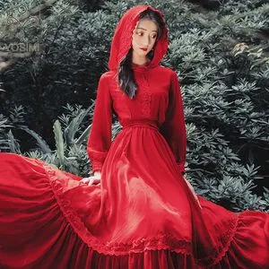 YOSIMI Elegant Red Chiffon Maxi Dress with Lace hood and Wrist Sleeves - Perfect for Summer and Flare Occasions (210604)