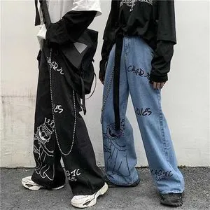 パンツ Distressed Marble Graffiti WideLeg Pants Graffiti Jeans: Distressed Wide Leg Pants for Men & Women - Loose