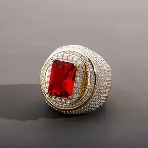 HongBoom Iced-Out Cuban Ruby Ring - 18K Gold/Silver Plated CZ Crystal Hip Hop Ring For Men, Size 11 - View #8